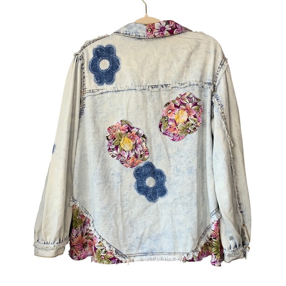 POL Denim Jacket Size S‎ Blue Acid Wash Floral Applique Embroidered Distressed - Picture 10 of 10